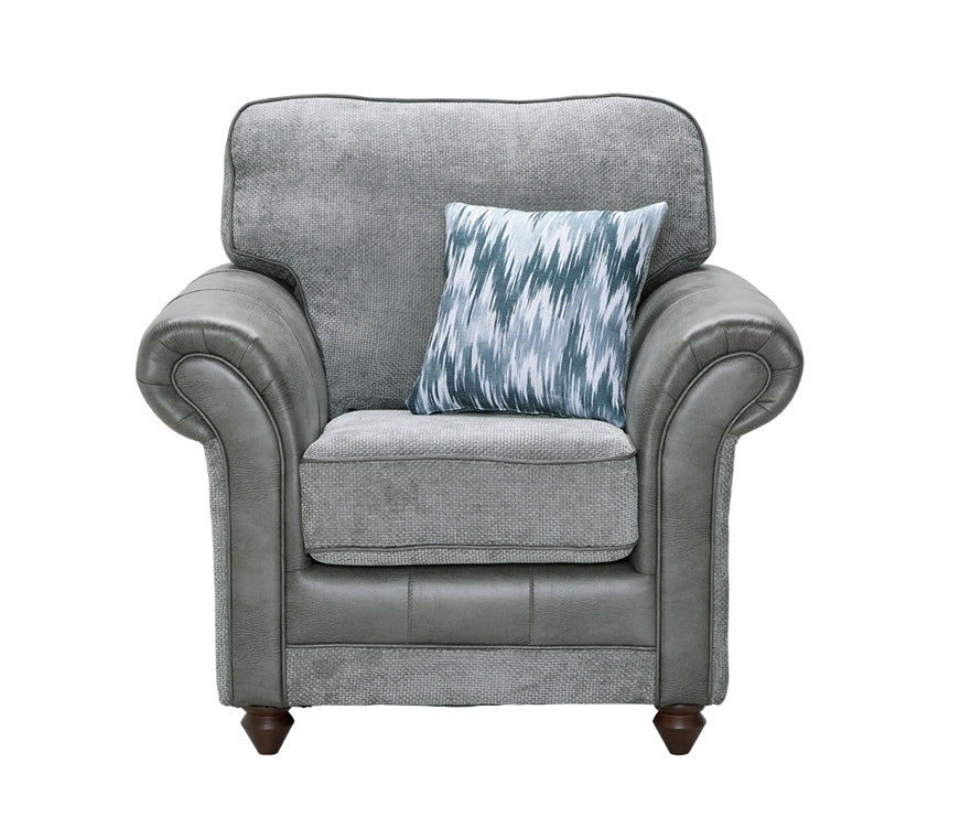 Palma Armchair In Rutland Grey Fabric And Colorado Grey Faux Leather With Rufus Cobalt Scatters